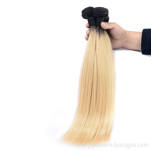 Cuticle Aligned Raw Virgin Straight Ombre 1B 613 Blonde Human Hair Bundles With Frontal